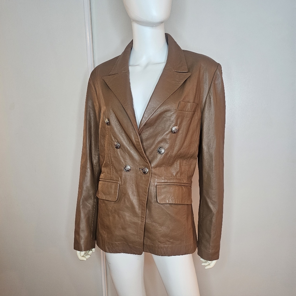 VTG Brown Leather Double-Breasted Women's Jacket Size L